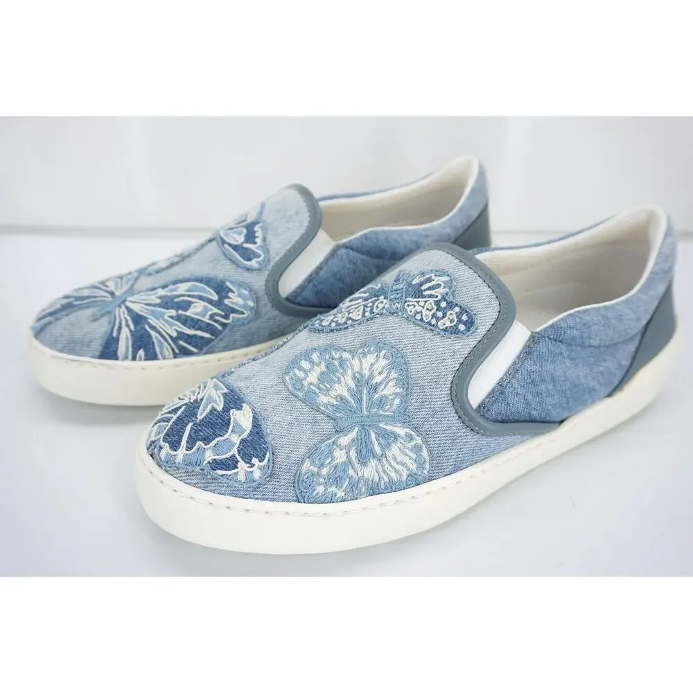 Valentino Denim Butterfly Skater Sneaker SZ 38.5 Slip On Flat NIB $945